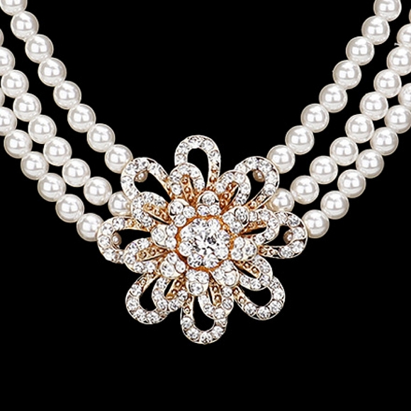 Gold Cream Pearl Clip On Earrings Flower Pendant Crystal Layered Necklace Set - Picture 4 of 4